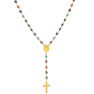 U7 Turkish Jewelry Rosary Necklaces For Women Y-Shaped Trendy Stainless Steel Gold Color Colorful Blue Eye Necklace N563