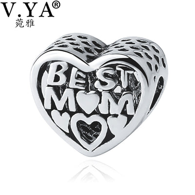 V.YA Mother's Day DIY Beads fit for Pandora Necklace Bracelets Woman's Mom's Best Personalize Jewelry Making Heart Charms Bead