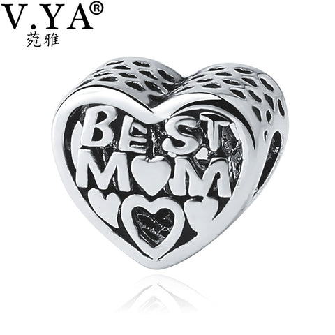 V.YA Mother's Day DIY Beads fit for Pandora Necklace Bracelets Woman's Mom's Best Personalize Jewelry Making Heart Charms Bead