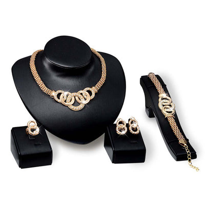 Women Wedding Party Rhinestone Necklace Bracelet Ring Earrings Set