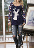 Women Christmas Elk Long Sleeve Geometric Printed Splicing T-Shirt