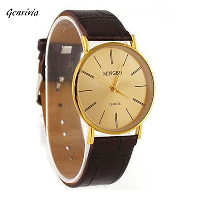 GENVIVIA 2017 Luxury Golden Gentle Men Man Leather Band Watch Quartz Wrist Watches
