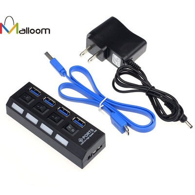 New 4 Ports USB 3.0 HUB With On/Off Switch Power Adapter For Desktop Laptop Computer