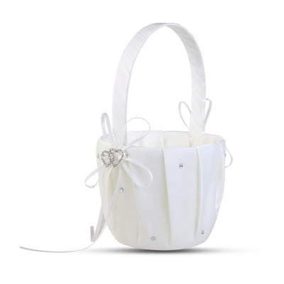Romantic Bowknot White Satin Wedding Ceremony Party Flower Girl Basket