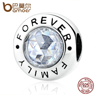 BAMOER Classic 925 Sterling Silver Family Forever, Clear CZ Bead Fit Charm Bracelets Fashion Jewelry PAS378