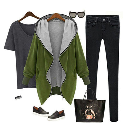 Womens Zipper Hoodie Kapuzen Jacket Loose Parka Trench Coat Windbreaker