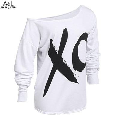 Plus Size 2018 Fashion XO Letter Print T-shirt Women One Shoulder Long Sleeve O-neck Loose Top Tees Shirt Casual White T Shirts