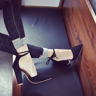 Women Solid Color Pointed Shoes Thick Heel Suede High Heeled Shoes Sandals