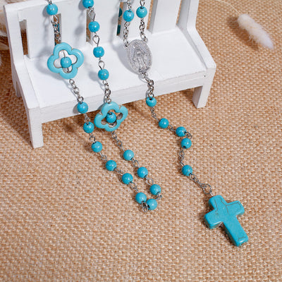 DoreenBeads 2017 New Women Bohemia Necklaces Y Shaped Gem Stone Prayer Rosary Beads Jesus Pattern Cross Pendant 57cm