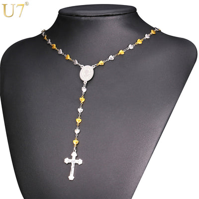 U7 Rosary Cross Jewelry Necklace For Men/Women Gold Color Saint Benedict Stainless Steel Heart Charm Long Pendant Necklace N578