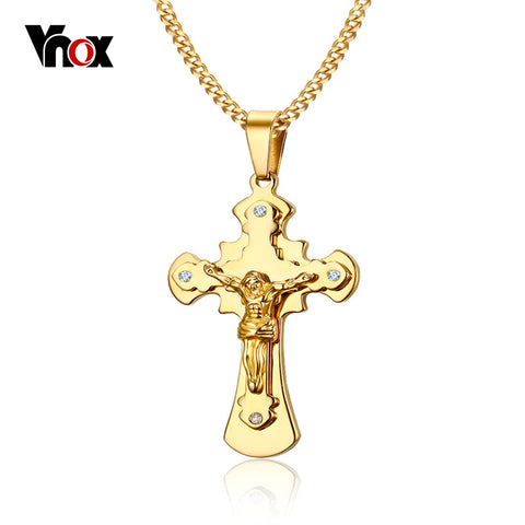 Vnox Jesus Crucifix Cross Necklace Pendant Gold-color Stainless Steel Religious Jewelry for Men