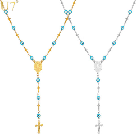 U7 Turkish Jewelry Blue Eye Necklaces For Men/Women Trendy Stainless Steel Saint Benedict Rosary Cross Long Necklace N564