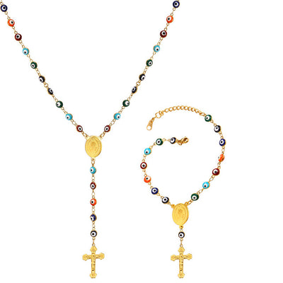 U7 New Colorful Eye Necklace Bracelet Set Cross Wholesale Trendy Stainless Long Women's Bead Rosary Necklaces Set S839