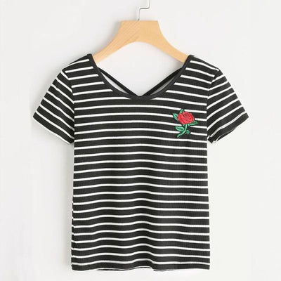 Crisscross T-shirt Summer Short Sleeve Women Stripe Rose Print Top Sexy Bandage Black shirts tops ladies tshirts tee