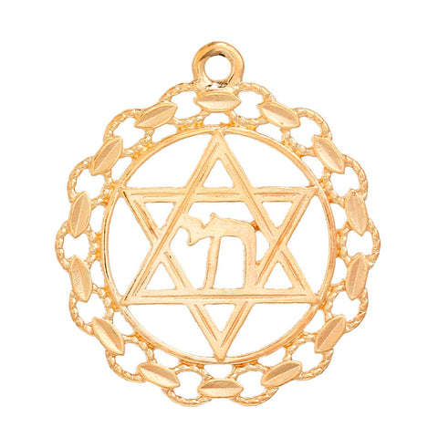 Doreen Box Zinc Based Alloy Chai Religious Jewelry Star Of David Pendants Round Gold color Leaf Hollow 38mm x 34mm, 5 PCs