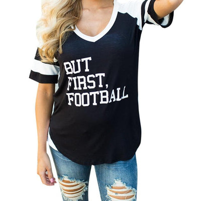 BUT FIRST Letters Printing Summer T-shirt Women Short Sleeve Casual Stitching Shirt O Neck Long Tops