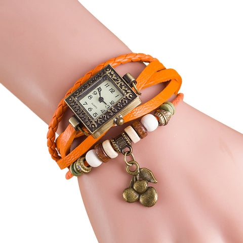 relogio 2017 women bracelet watch Quartz Weave Around PU Leather Cherry Bracelet Lady Woman Wrist Watch montre femme #