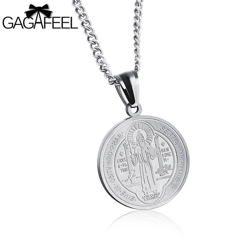 GAGAFEEL Religious Jesus Pendant Men Women Skull Necklaces Round Stainless Steel Male Female Chain Christian Jewelry