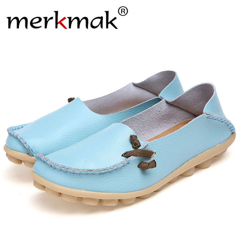 Merkmak Large Size Leather Women Shoes Flats Mother Shoes Girls Lace-up Fashion Casual Shoes Comfortable Breathable Women Flats