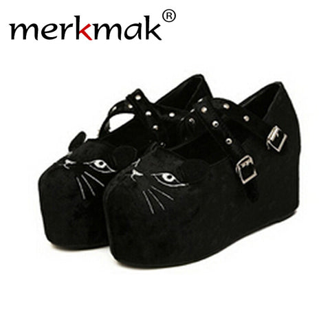 Merkmak 2016 Cute Platform Shoes Wedge Flatform Punk Creeper Thick Shoes High Heels Leopard Skull Black Women Shoes Plus Size