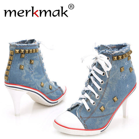 Merkmak Vintage High Heels Canvas Rivet Women Pump Ladies 2017 Casual Lace-Up Girls Denim Pump Rivets Sexy Cool Punk Women Shoes
