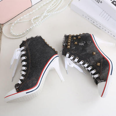 Merkmak Vintage High Heels Canvas Rivet Women Pump Ladies 2017 Casual Lace-Up Girls Denim Pump Rivets Sexy Cool Punk Women Shoes