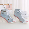 Merkmak Vintage High Heels Canvas Rivet Women Pump Ladies 2017 Casual Lace-Up Girls Denim Pump Rivets Sexy Cool Punk Women Shoes