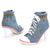 Merkmak Vintage High Heels Canvas Rivet Women Pump Ladies 2017 Casual Lace-Up Girls Denim Pump Rivets Sexy Cool Punk Women Shoes