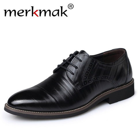 Merkmak Genuine Leather Mens Dress Shoes High Quality Oxford Shoes For Men Lace-Up Business Men Shoes Brand Mens Wedding Shoes