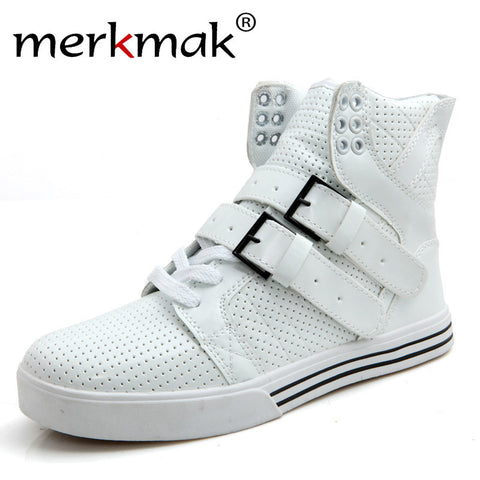 Mermak Women's Shoes High Top Casual Unisex PU Leather Fashion Breathable Women Boots Motorcycle Buckle Flats Lover's Ankle Boot