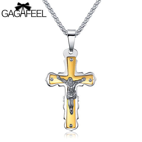 GAGAFEEL Punk Men's Necklace Crucifix Jesus Pendant Male Jewelry Domineering Stainless Steel Religious Cross Lucky Boy's Gift