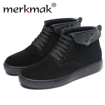 Merkmak Unisex Casual Black Shoes Fashion Italy High Top Pointed Toe Cow Suede Boots Outdoor Women Flats Footwear Shoes Dropship