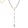 U7 Long Necklace New Trendy Gold Color Titanium Steel Women/Men Jewelry Wholesale Cross Rosary Pendant Necklace P403
