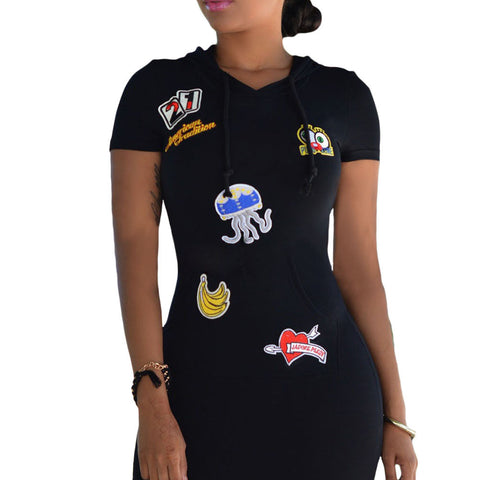 Black Multi-color Patch Hoodies Sleeves Dress