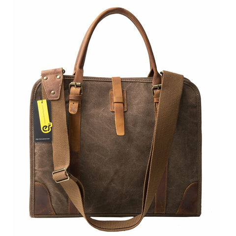 High Density Canvas Real Leather Business Messenger Briefcase Laptop Bag Fit 15.6" Laptop