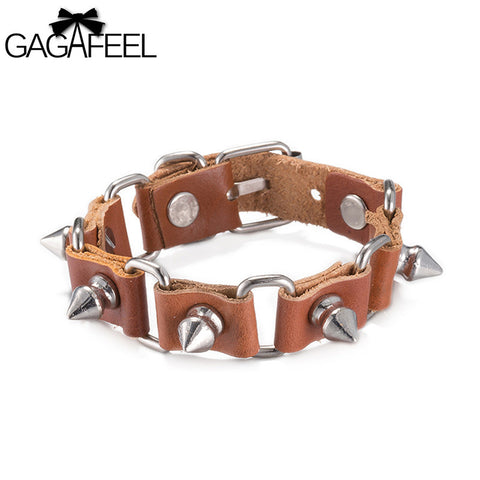 GAGAFEEL Punk Leather Bracelet Men Women Jewelry Rope Chain Charm Wrap Bangle Bullet/Sunflower/X nail Shape Design Gift For Lady