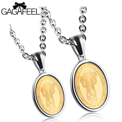 GAGAFEEL Engrave Tag Couple Pendant Necklace For Men Women Religious Jesus Skull Round Stainless Steel Chain Christian Jewelry