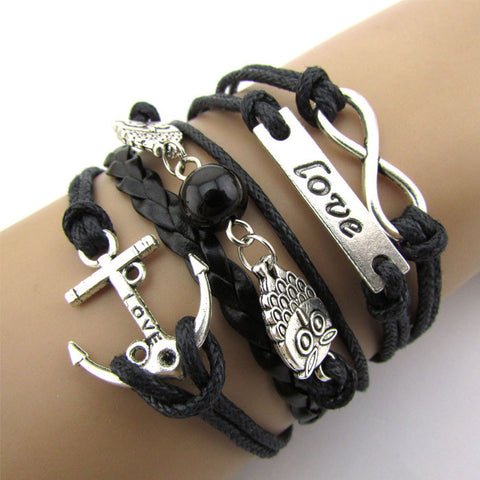 Exquisite Infinity Owl Love Anchor Friendship Leather Charm Bracelet Silver Cute