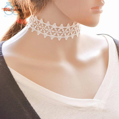 SUSENSTONE Women Simple Vintage White Lace Clavicle Chain Necklace Collar Choker Jewelry