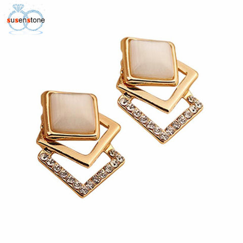 SUSENSTONE New Fashion Ear Stud Hollow Crystal Jewelry Gold Earrings 1 Pair Women