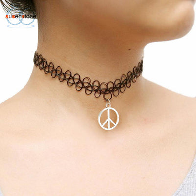 SUSENSTONE Tattoo Peace Choker Necklace Stretch Double Layer Henna Vintage torque