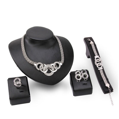 Women Wedding Party Rhinestone Necklace Bracelet Ring Earrings Set