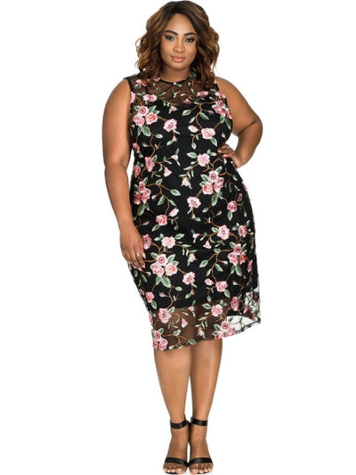 Black Plus Size Embroidery Women's Sheath Dress