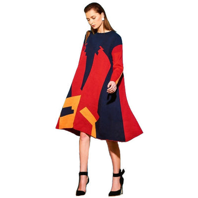 Asymmetrical Color Block Long Sleeve Women's Sweater Dress