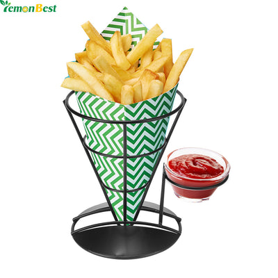 1Pcs French Fry Holder Cone Basket With Condiment Stand Metal Base For Chips Appetizers