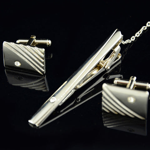 Diamond Tie Clip Cufflinks Suit Lapel Mens Wedding Gift Cuff Link Set