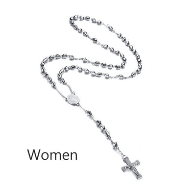 Vnox Mens Womens Rosary Necklace Silver Color Stainless Steel Beads Cross Charm Catholic Religious Prayer Jewelry