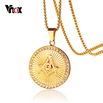 Vnox Masonic Rays Pendant for Men Necklace Gold Color Stainless Steel 24" Box Chain Freemason Male Punk Jewellry