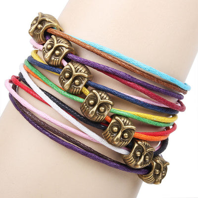 Small Bronze Owl Retro Jewelry Accessories Colorful Wax Rope Braided