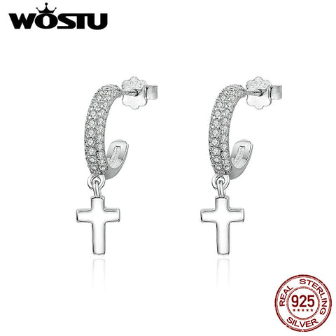 WOSTU Genuine 925 Sterling Silver Light Of Faith Cross Drop Earrings For Women Authentic Silver Jewelry Wedding Gift CQE171